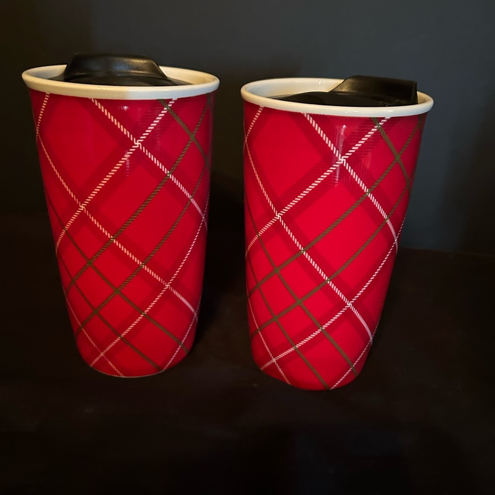 Travel Mugs/Lid Red Plaid Holiday Christmas Ceramic Cup Set of 2